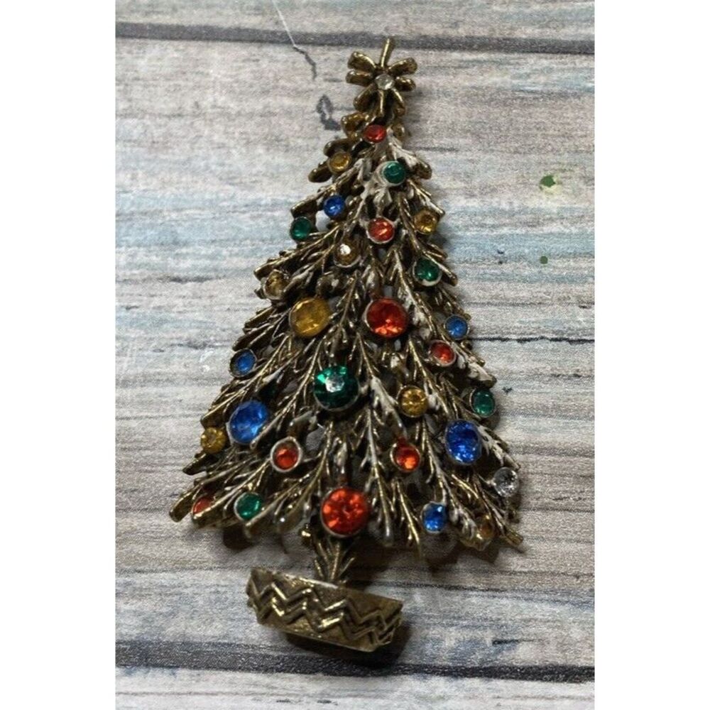 Signed ART Gold Tone Christmas Tree Brooch Pin Missing 1 Stone‎ Holiday Jewelry